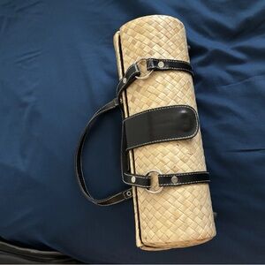 Tan and Black Structured Satchel with Woven Texture